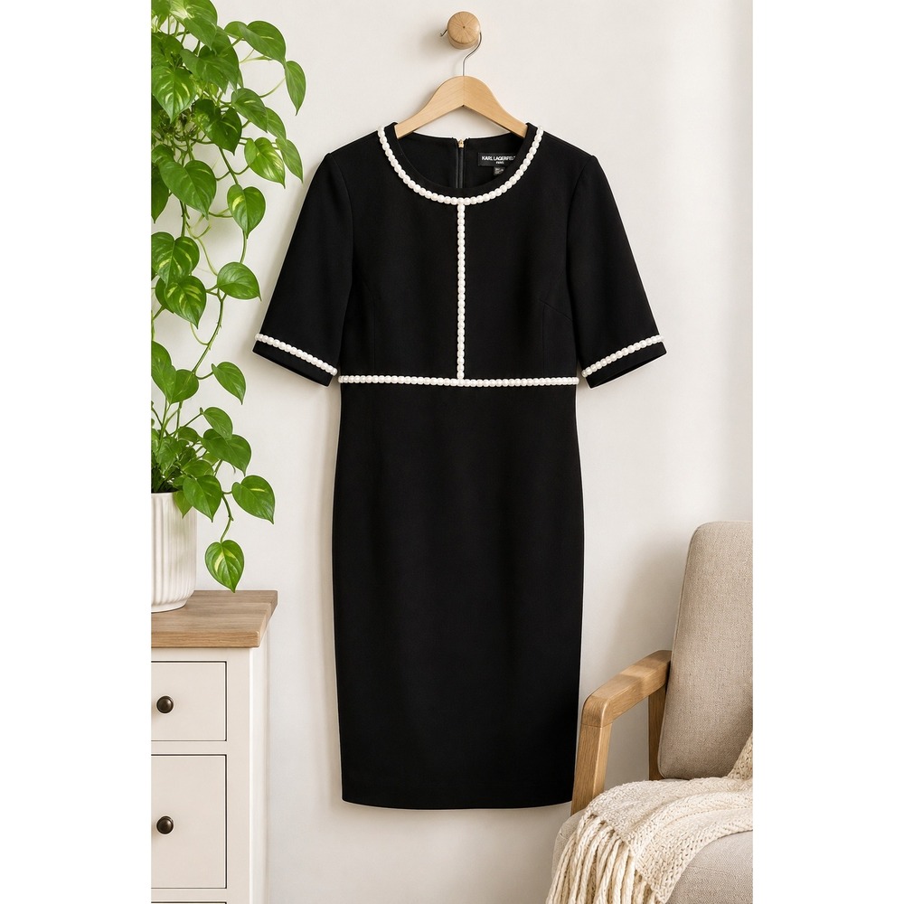 Karl Lagerfeld Pearl Trim Sheath Dress Sz 6 Jackie O Little Black Dress Cocktail
